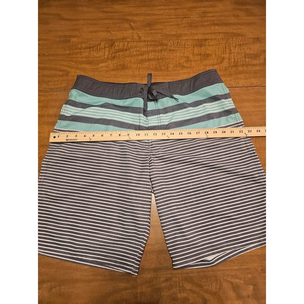 Mens Mossimo Swim Trunks Striped 38 M Teal & Gray pockets tie close H19